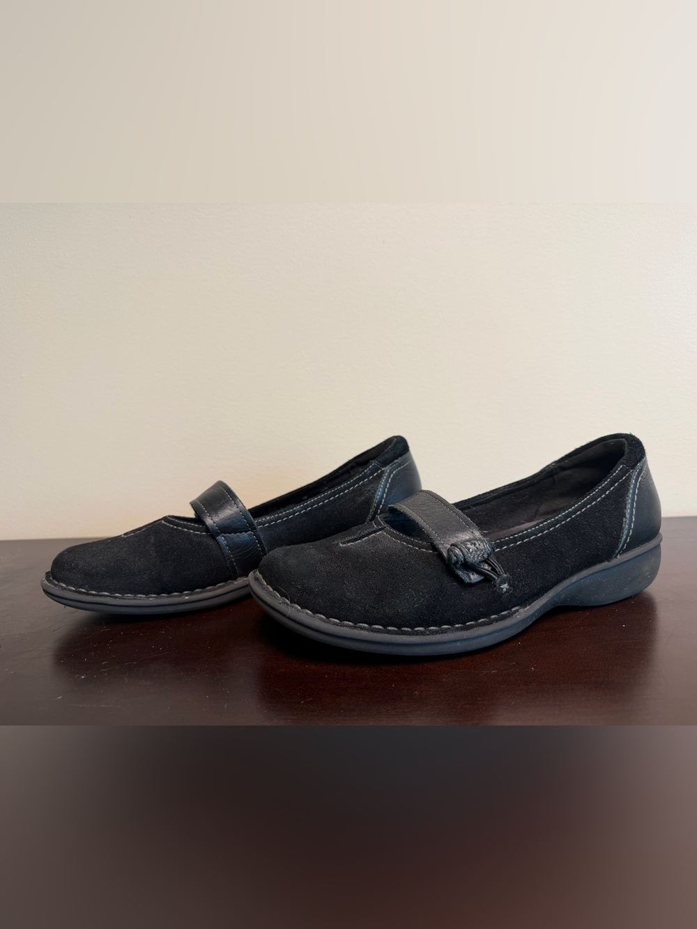 Clarks Black Suede Slip-On Loafers with Strap